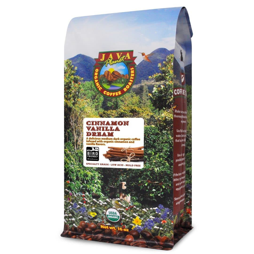 Java Planet low acid coffee 1lb front label highlights cinnamon-vanilla flavor for smooth mornings