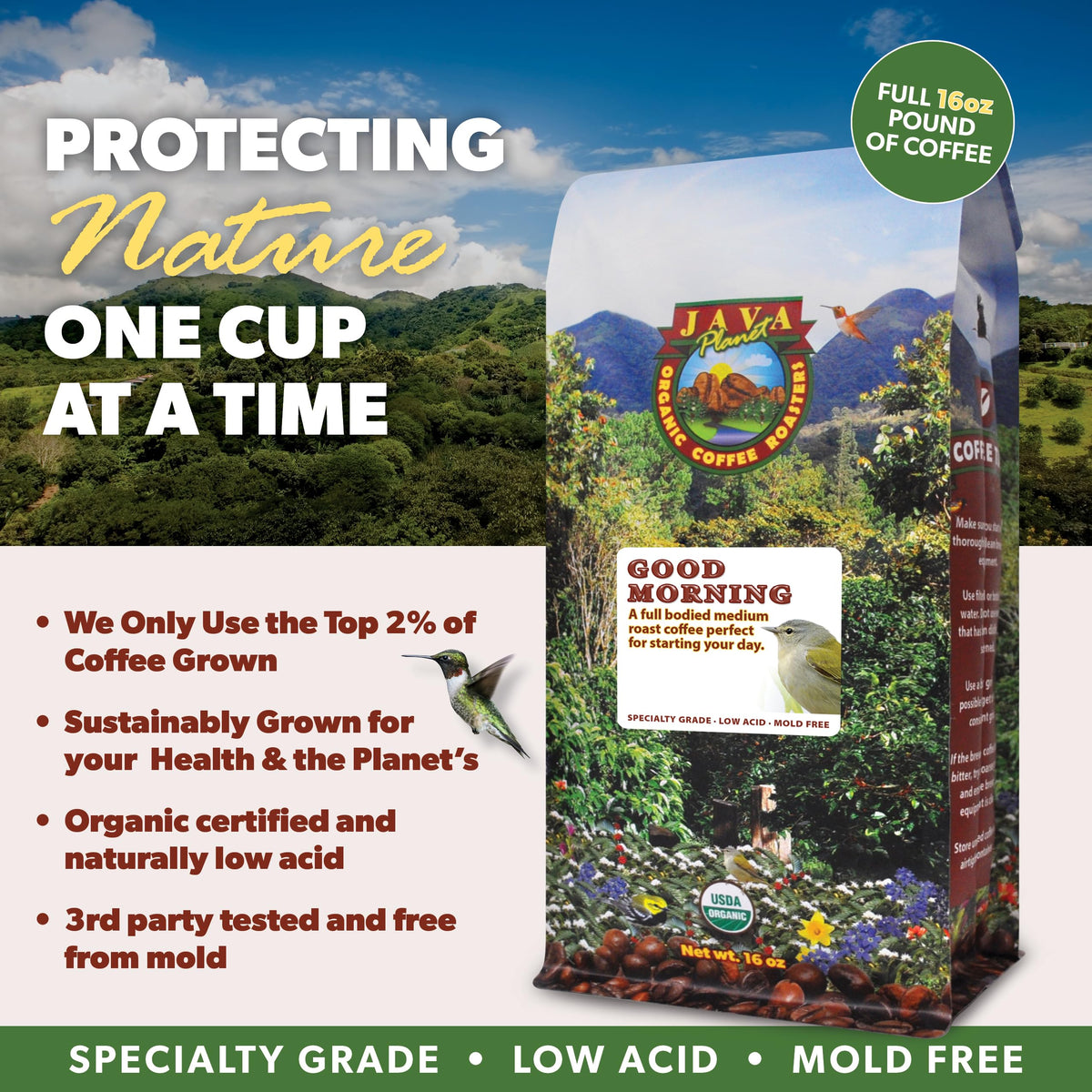 Java Planet whole bean packaging preserves aroma for any brew.