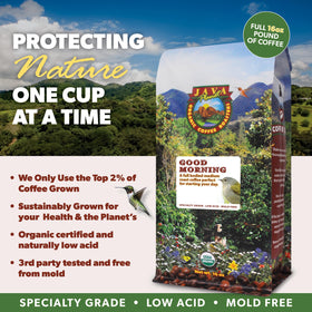 Java Planet whole bean packaging preserves aroma for any brew.