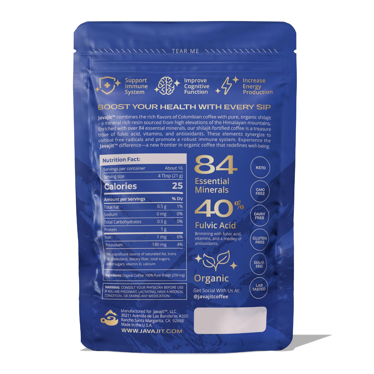 Javajit ground coffee with Shilajit mix emphasizes earthy flavor and mineral-rich brew.