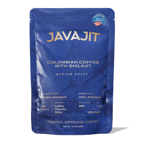 Javajit Colombian coffee with Shilajit bag shows premium single-origin beans for a rich brew.