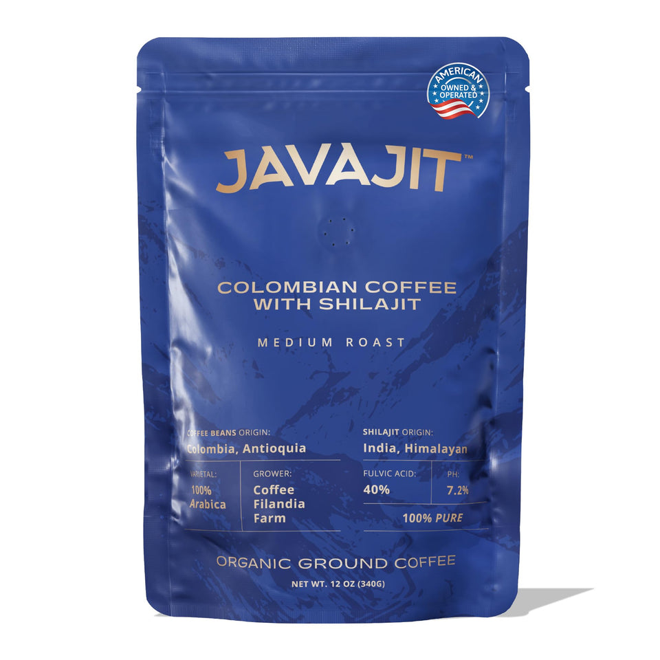 Javajit Colombian coffee with Shilajit bag shows premium single-origin beans for a rich brew.