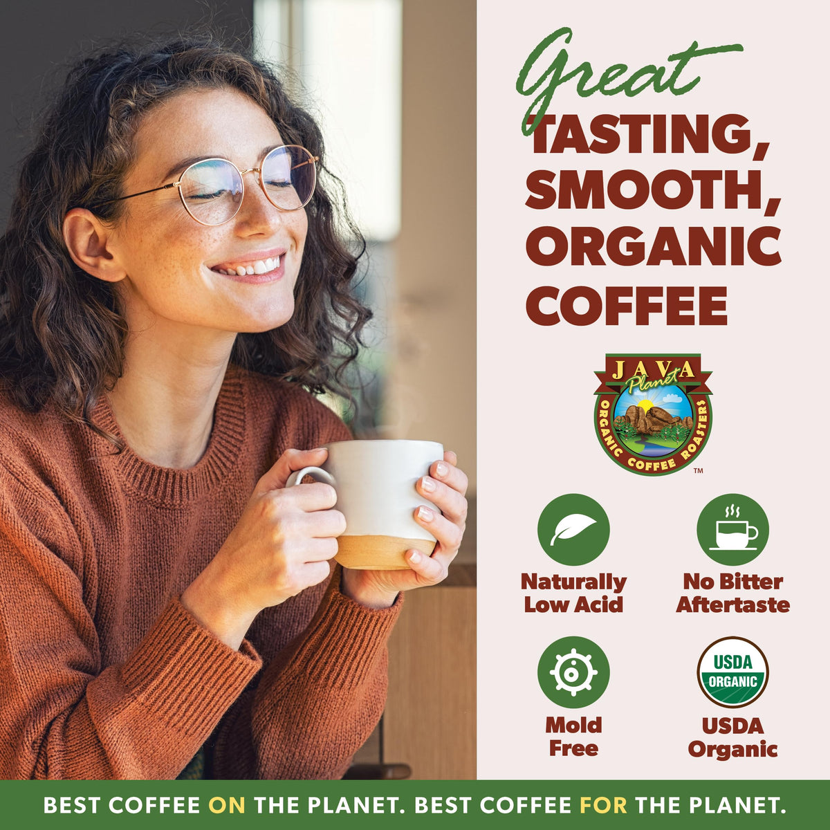 Java Planet low-acid organic coffee beans for a smoother cup.