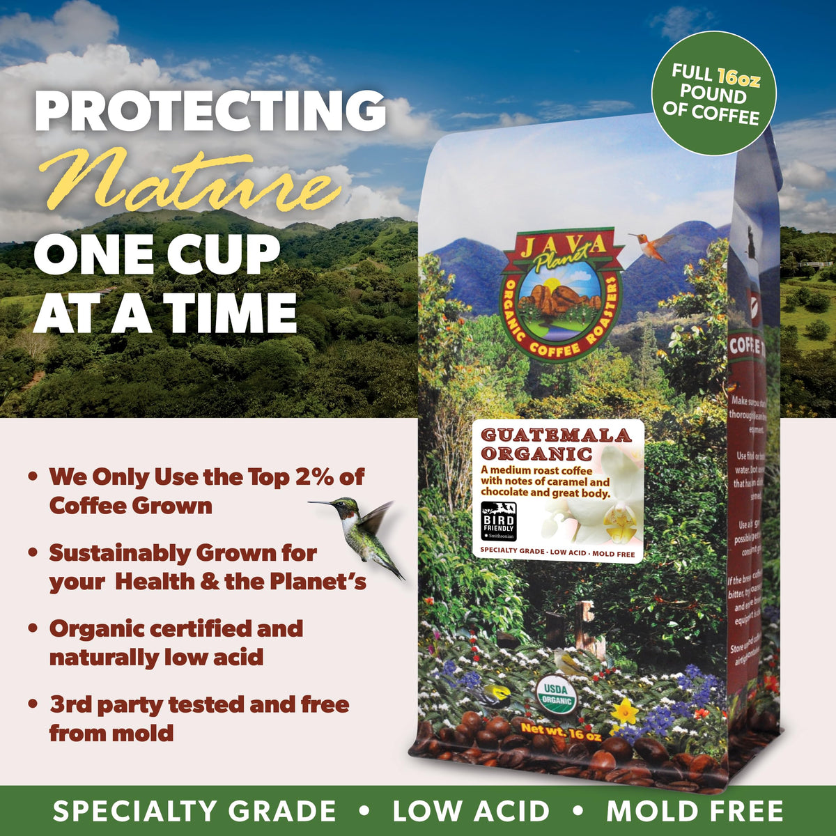 Organic certification badge on Java Planet packaging