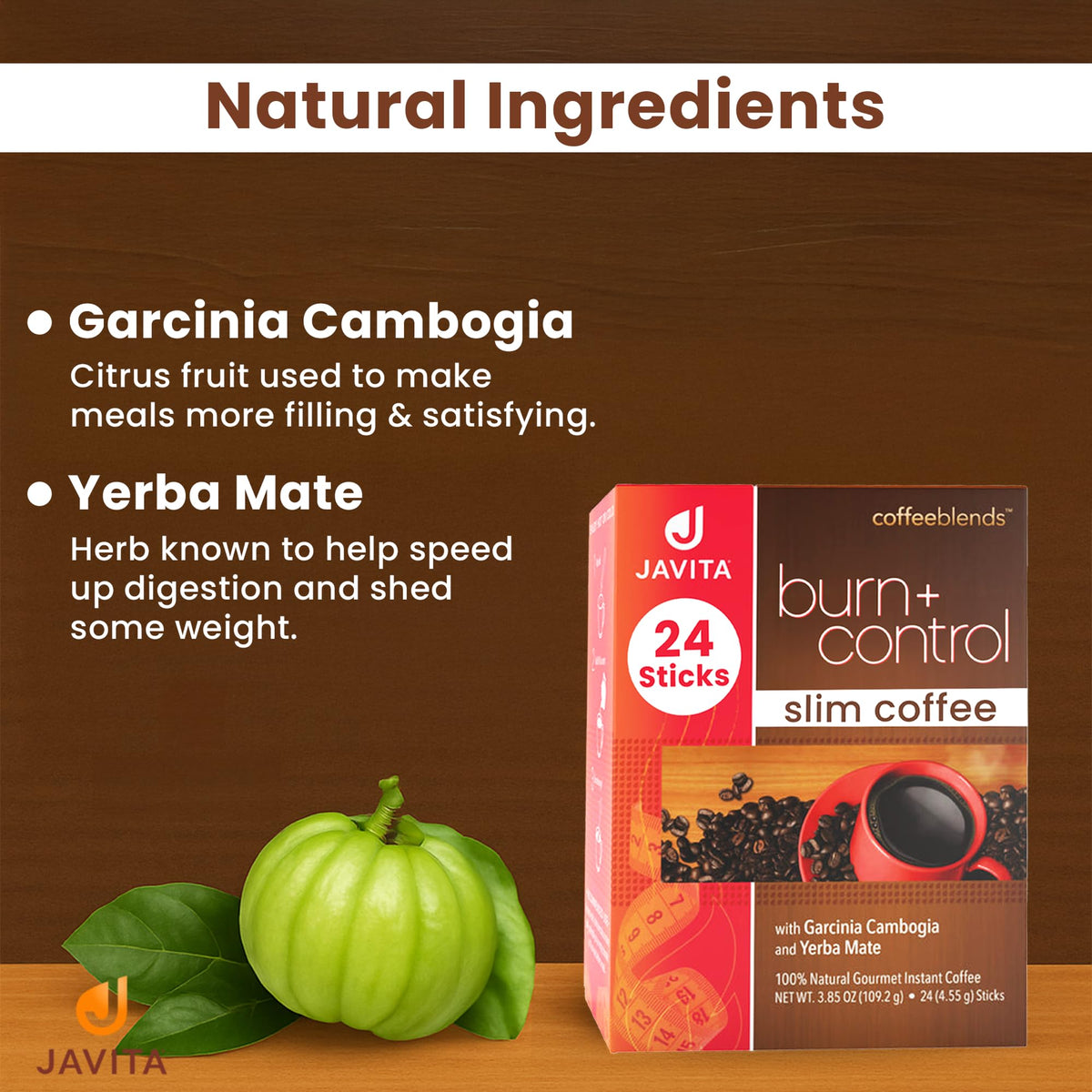 Javita Burn and Control box packaging on display emphasizes convenient single-serve use.