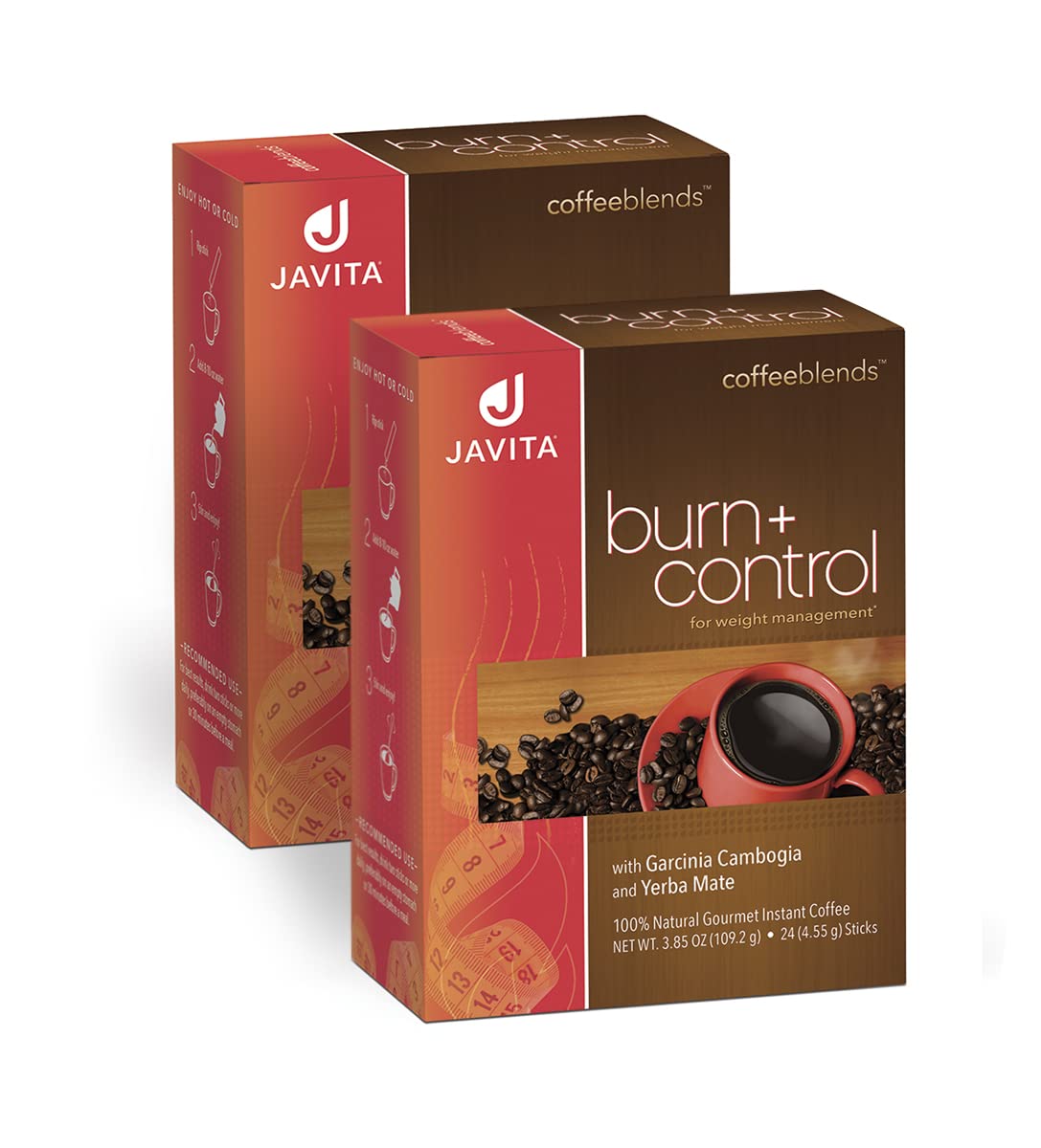 Javita Burn + Control branding on packaging emphasizes convenient daily use.