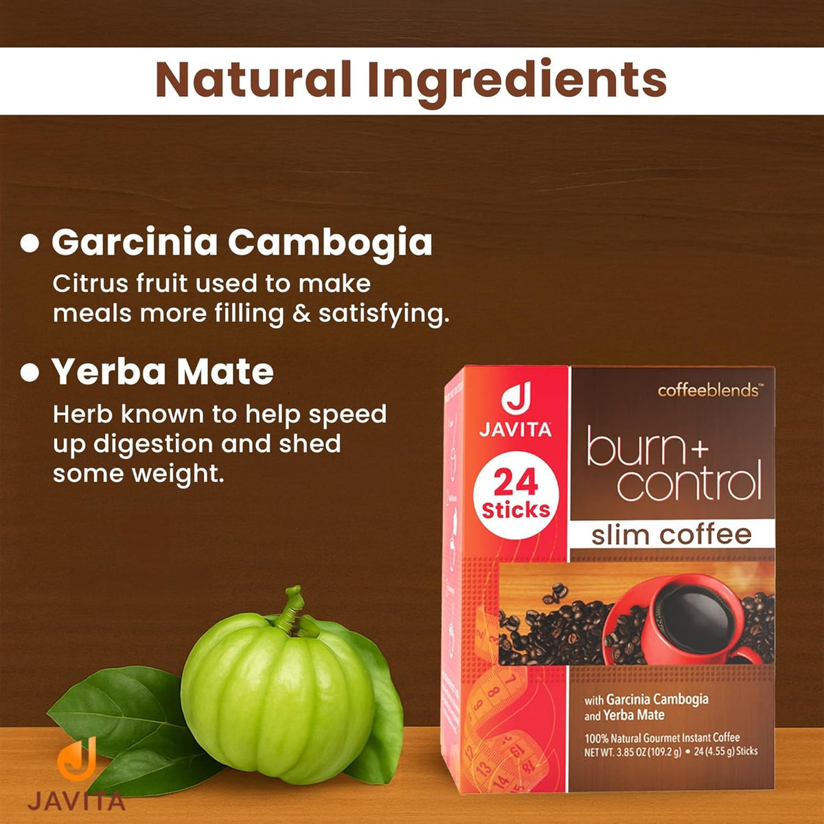 Javita Burn + Control coffee packets packaging for convenient on-the-go energy.