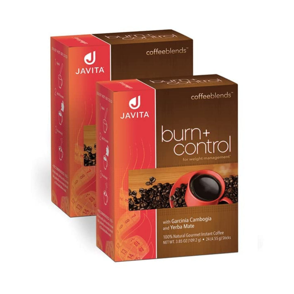 Javita Burn + Control instant coffee box front, inviting daily energy.
