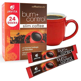 Javita Burn and Control instant coffee packets ready on a desk for quick energy.