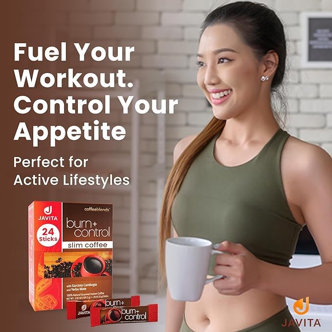 Javita Burn + Control on kitchen counter blends energy with mindful eating.