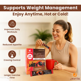 Javita Burn and Control steaming coffee cup shows smooth aroma for steady daily energy.
