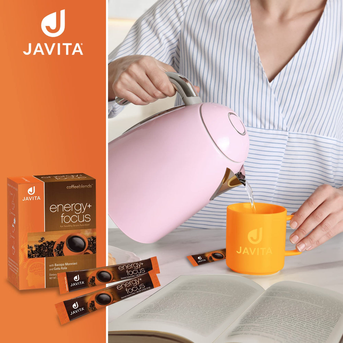 Javita steaming cup with aroma highlights fresh coffee satisfaction.