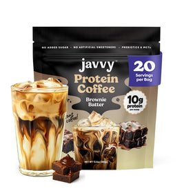 Javvy Brownie Batter Protein Iced Coffee can with 80 mg caffeine and 10g protein for quick energy