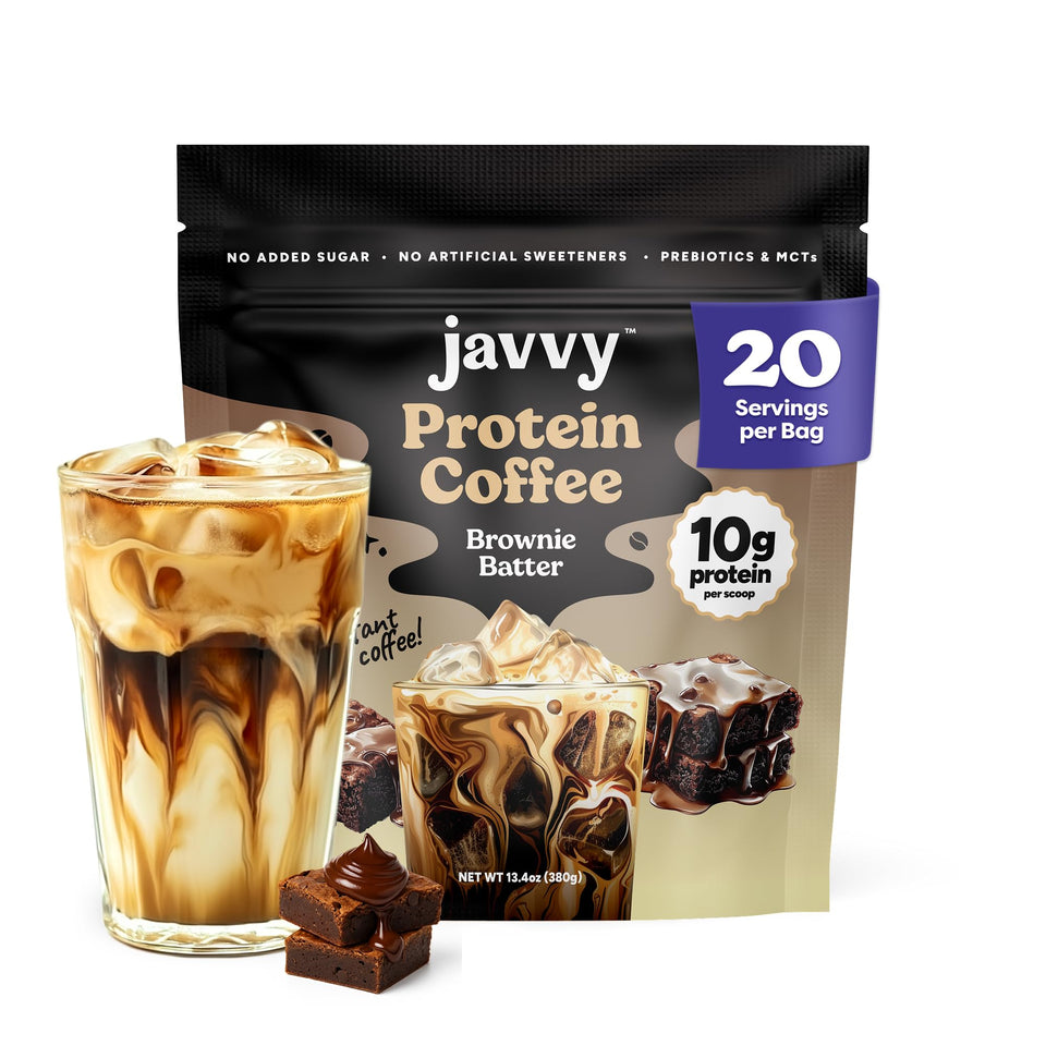 Javvy Brownie Batter Protein Iced Coffee can with 80 mg caffeine and 10g protein for quick energy