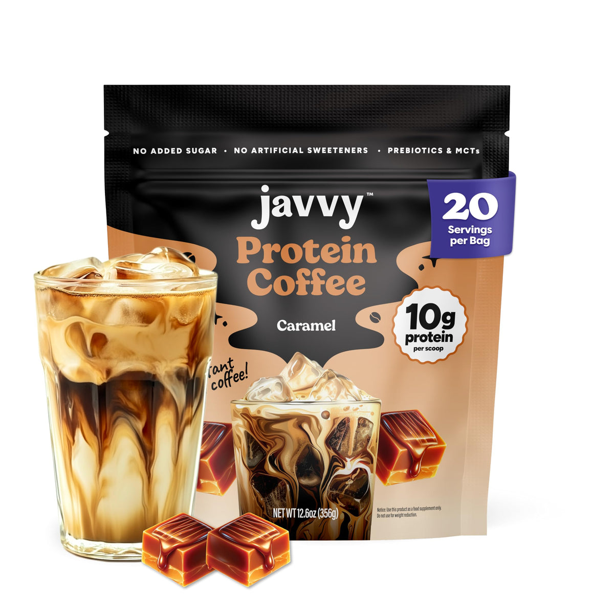 Javvy Caramel Protein Iced Coffee bottle showing natural cold brew and protein boost.