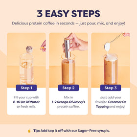 GoMCT emblem on Javvy Caramel Protein Iced Coffee packaging.
