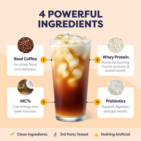 Scoop of Javvy Caramel Protein Iced Coffee highlights 10 g whey protein.