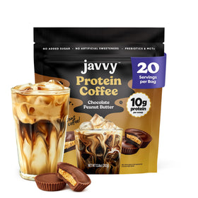 Javvy Chocolate Peanut Butter Protein Iced Coffee bottle showing a creamy, energy-boosting beverage.