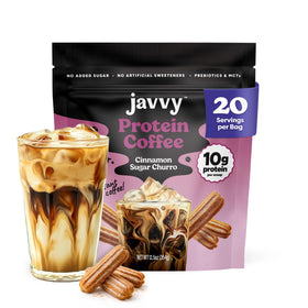 Javvy Cinnamon Sugar Churro iced coffee tub highlights rich flavor and protein boost.