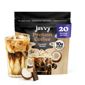 Javvy Coconut Mocha Protein Iced Coffee bottle pouring for a quick energy boost.