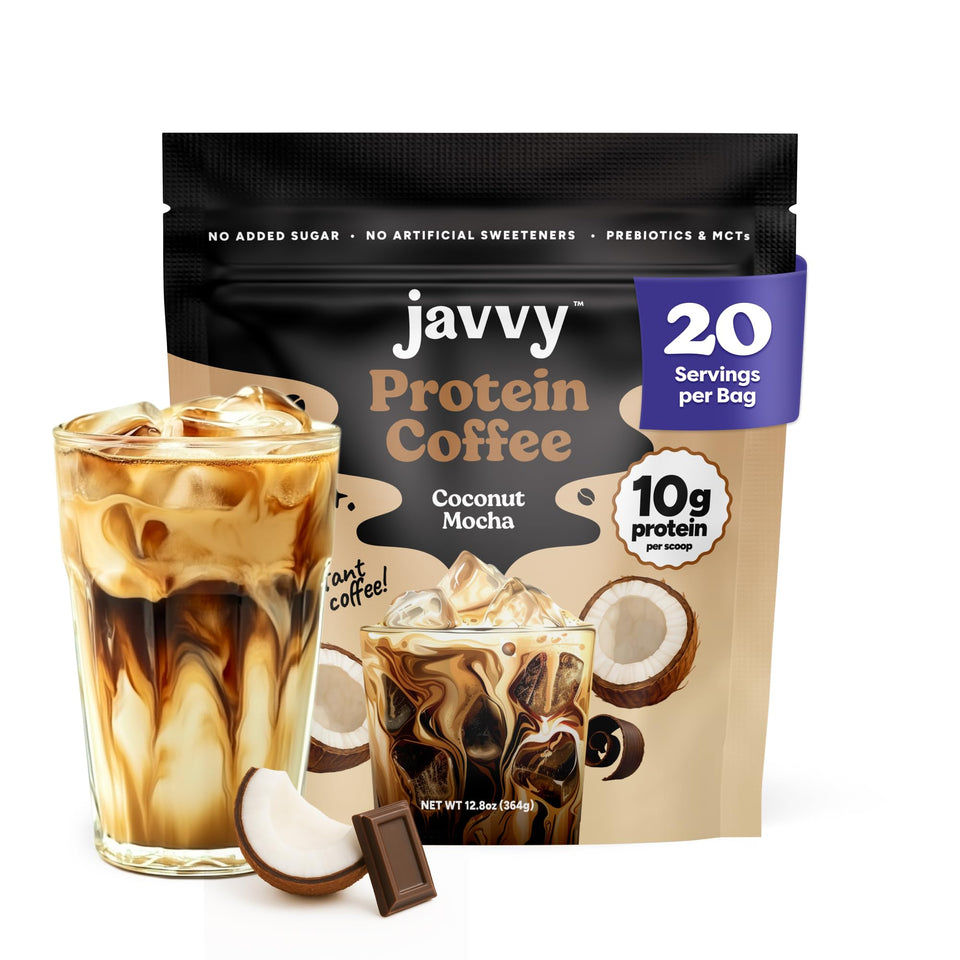 Javvy Coconut Mocha Protein Iced Coffee bottle pouring for a quick energy boost.