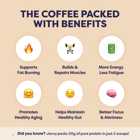 Javvy Coconut Mocha Protein Iced Coffee glass served over ice with creamy foam.