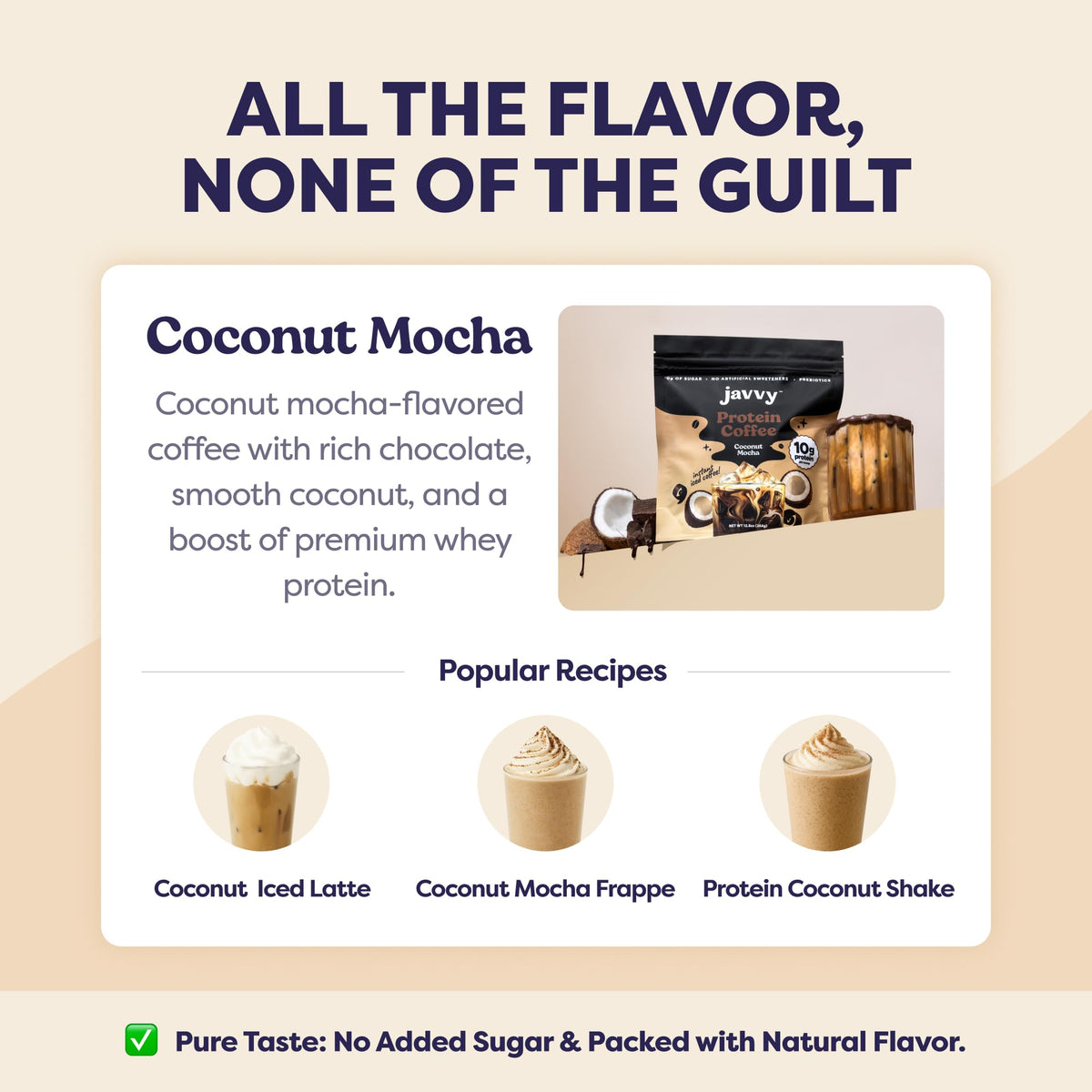 Javvy Coconut Mocha Protein Iced Coffee label close-up emphasizing no artificial flavors.