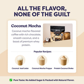 Javvy Coconut Mocha Protein Iced Coffee label close-up emphasizing no artificial flavors.