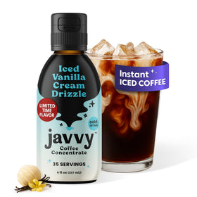 Javvy Coffee Concentrate bottle shows premium Arabica and sugar-free formula for hot or cold drinks.