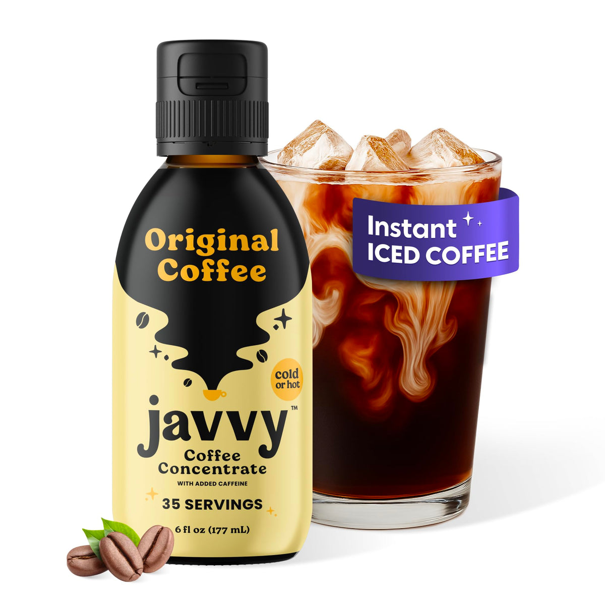 Javvy Coffee Concentrate bottle front shows premium Arabica aroma.