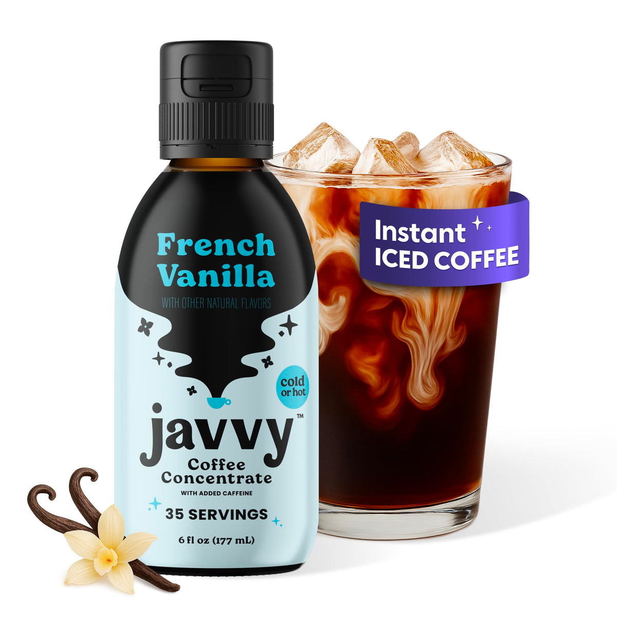 Javvy Coffee Concentrate bottle with rich aroma for hot or cold drinks.