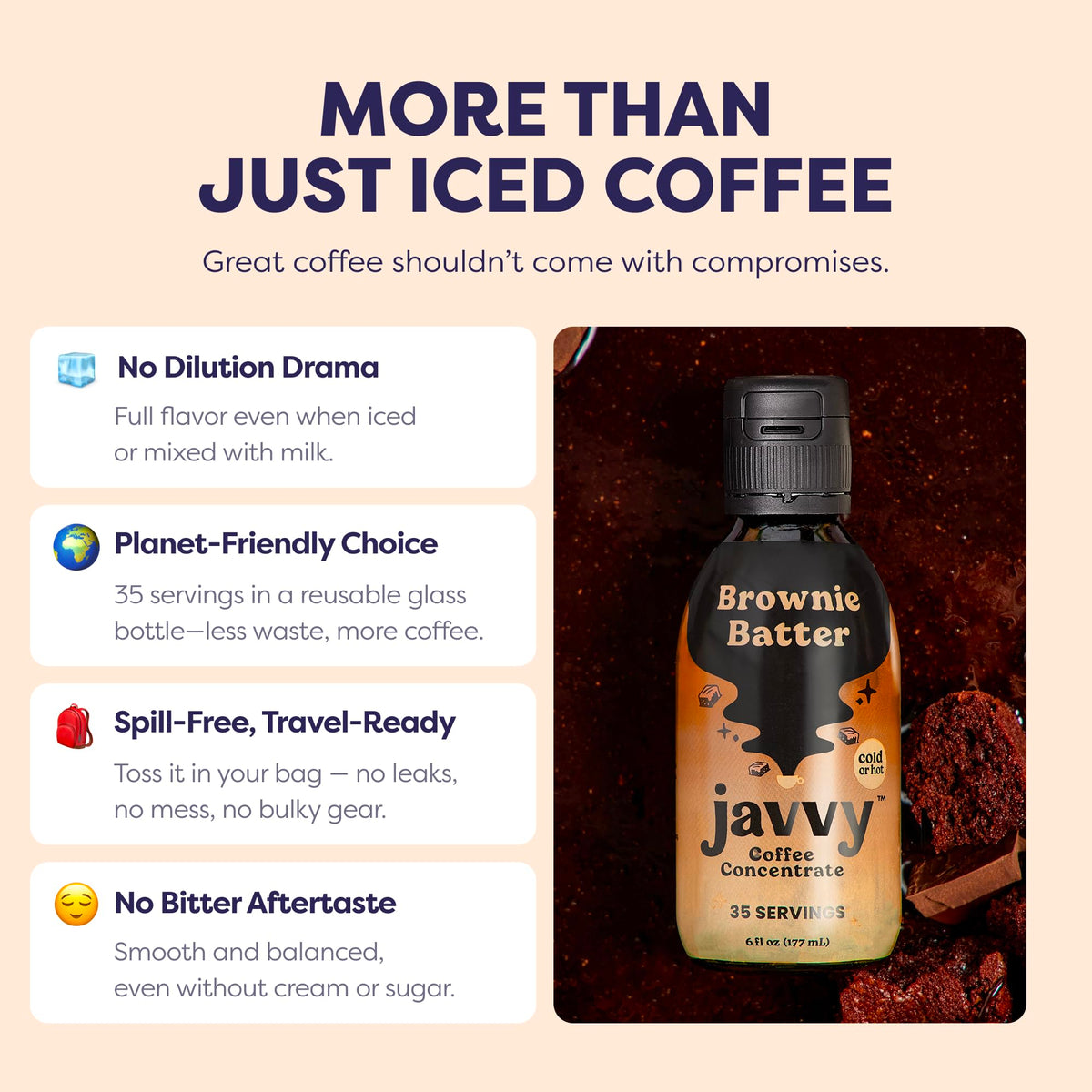 Javvy Brownie Batter concentrate glass serve demonstrates versatile serving options