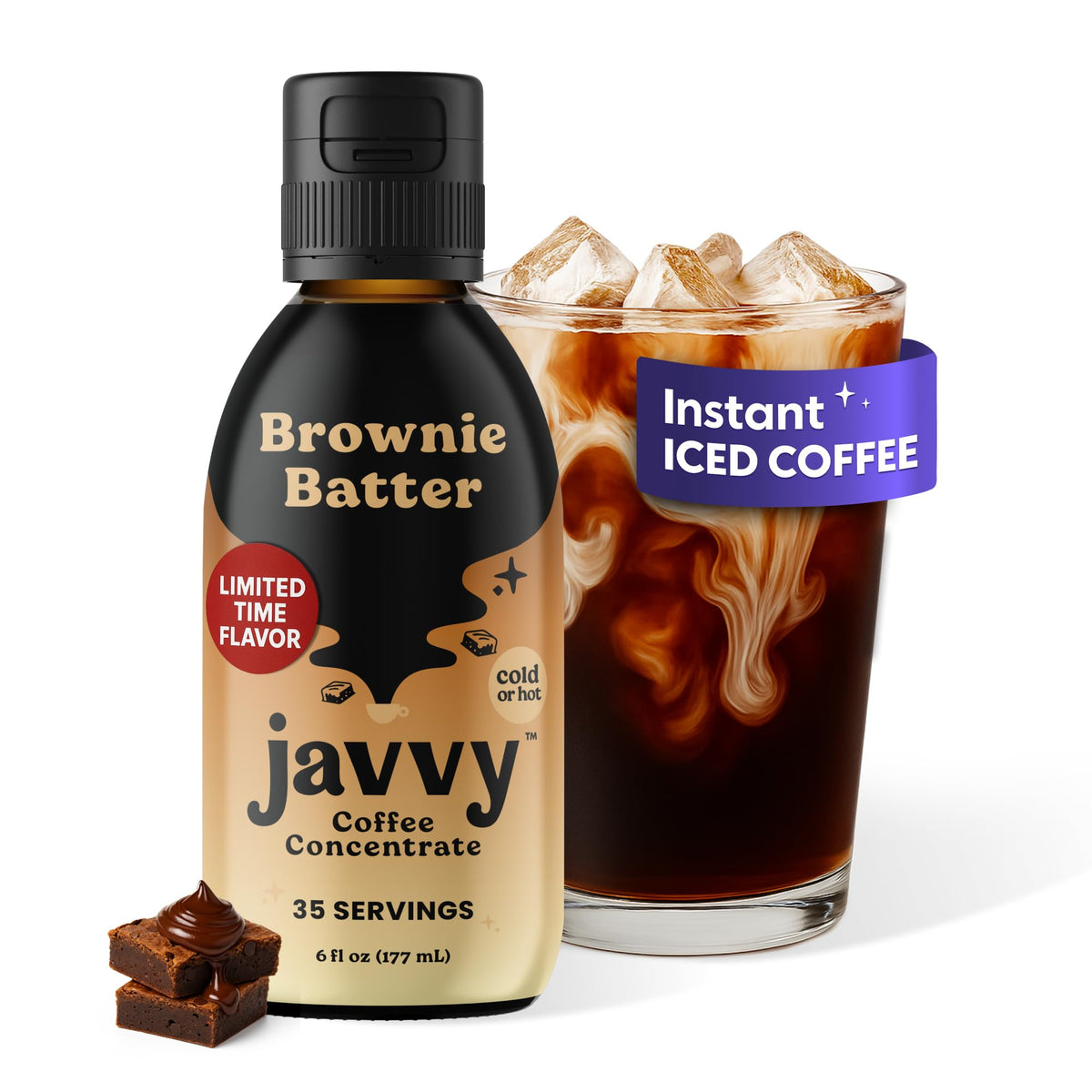 Javvy Brownie Batter concentrate jar close-up shows rich color and inviting aroma