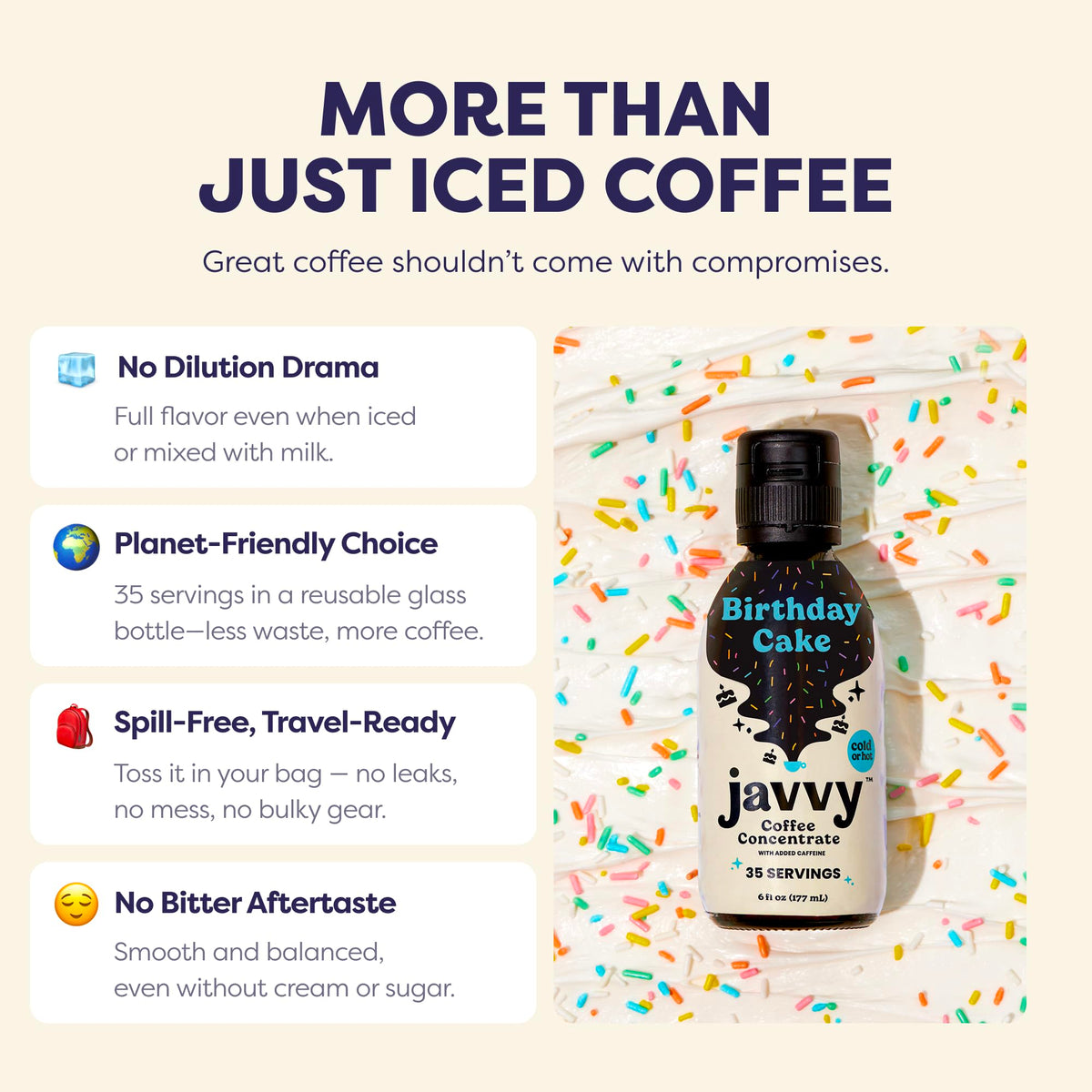 Close-up of Javvy concentrate bottle showing caffeine content for quick boosts