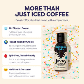 Close-up of Javvy concentrate bottle showing caffeine content for quick boosts