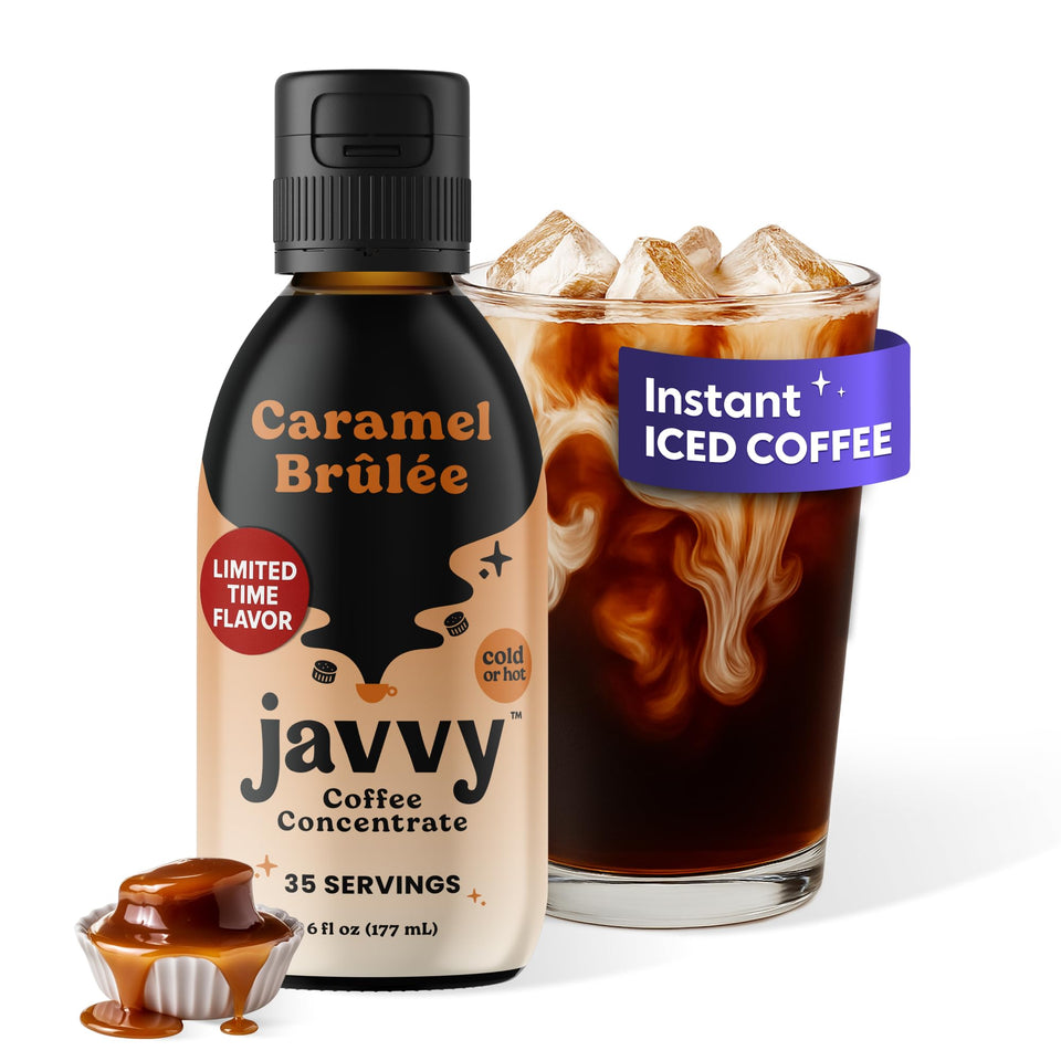 Javvy Caramel Brulee concentrate bottle ready for home brewing