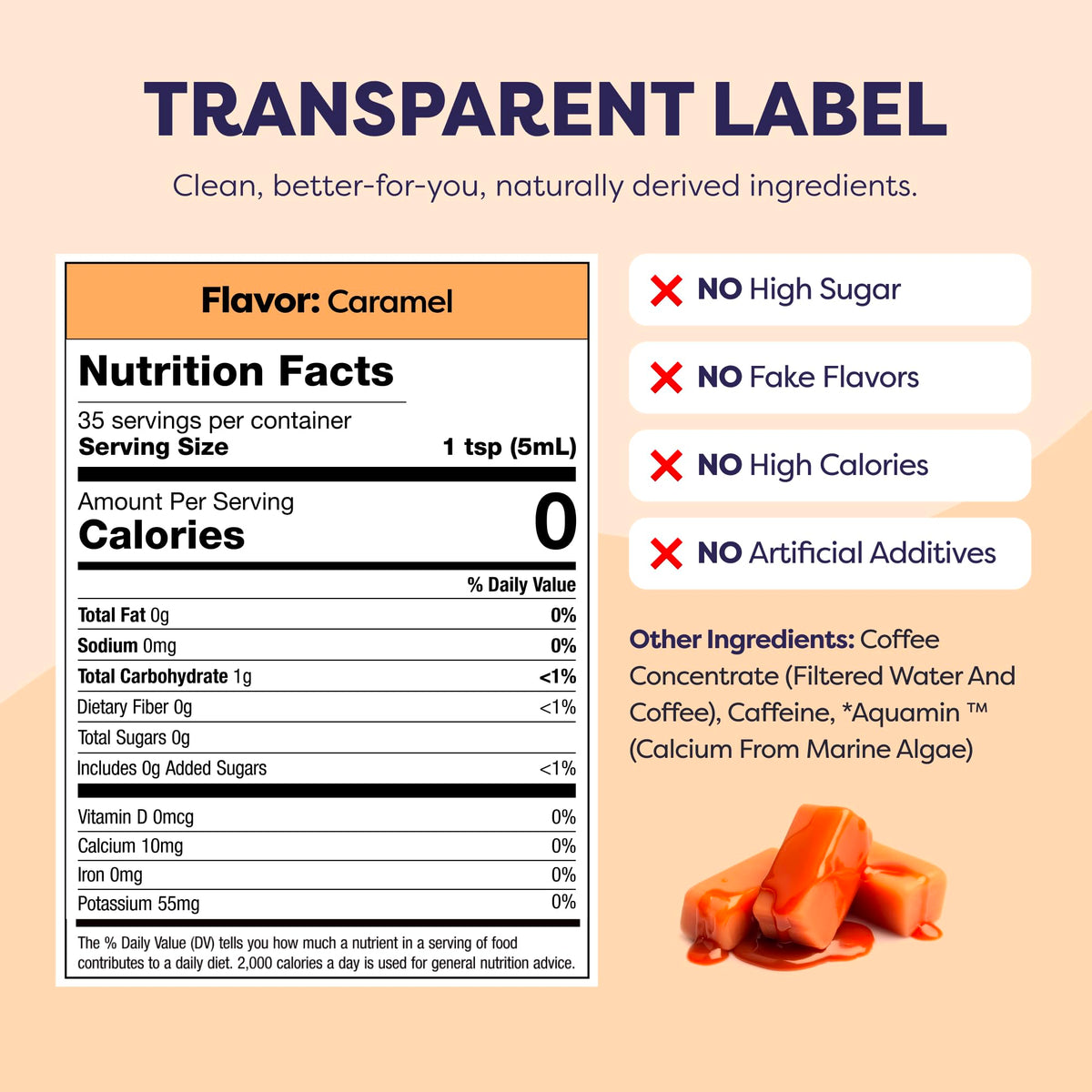 Closeup of Javvy caramel label on the concentrate bottle highlighting flavor