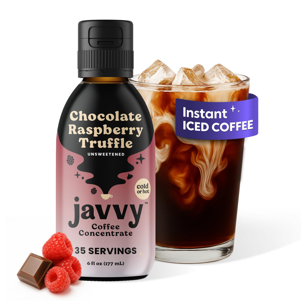 Javvy Coffee Concentrate Chocolate Raspberry Truffle bottle with rich aroma for hot or iced coffee.
