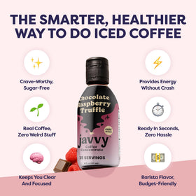 Javvy Chocolate Raspberry Truffle bottle near mug for morning pick-me-up.