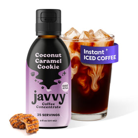 Javvy coffee concentrate bottle shows Coconut Caramel Cookie flavor for quick premium coffee