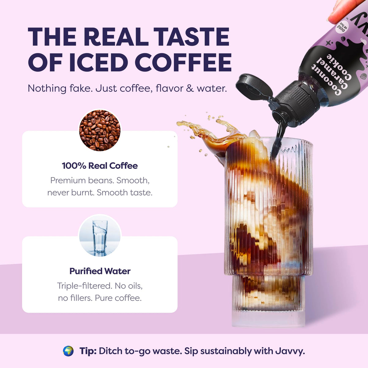 Sweeping white foam on a cappuccino beside Javvy concentrate bottle