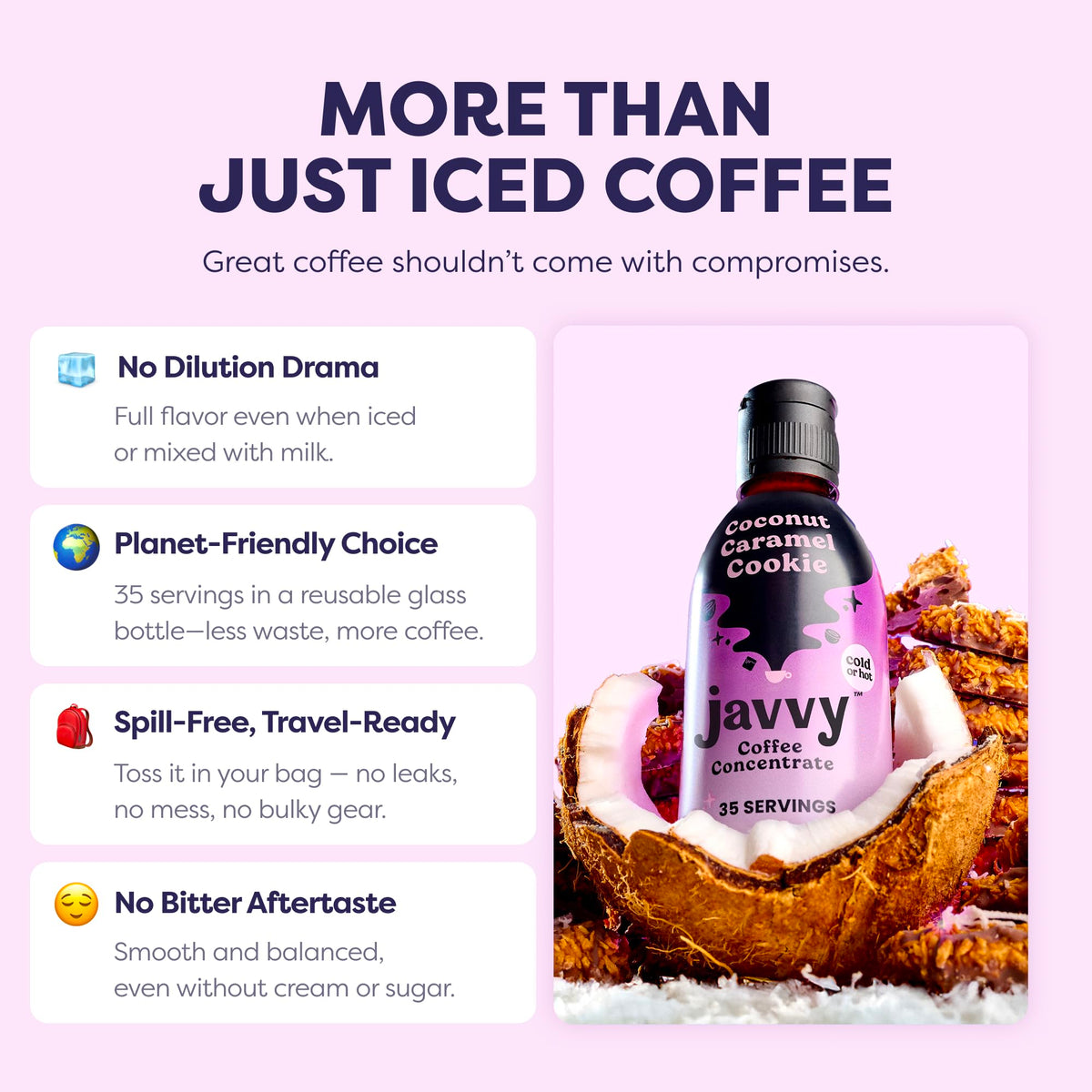 Glassy Javvy concentrate bottle with clear water and vanilla backdrop