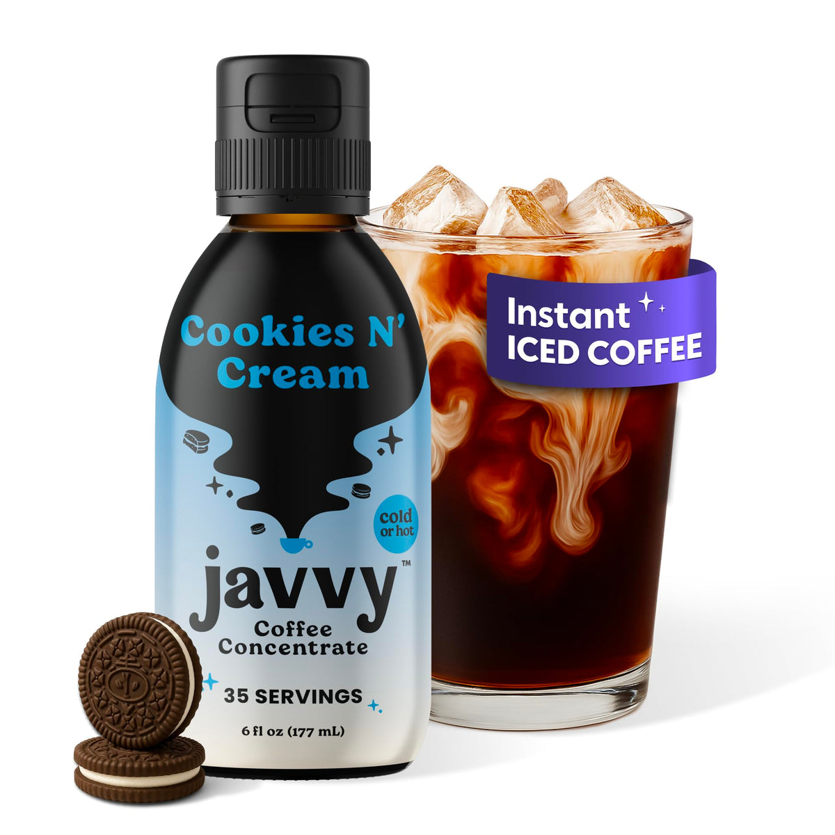 Javvy Cookies N’ Cream coffee concentrate bottle ready for hot or iced coffee.