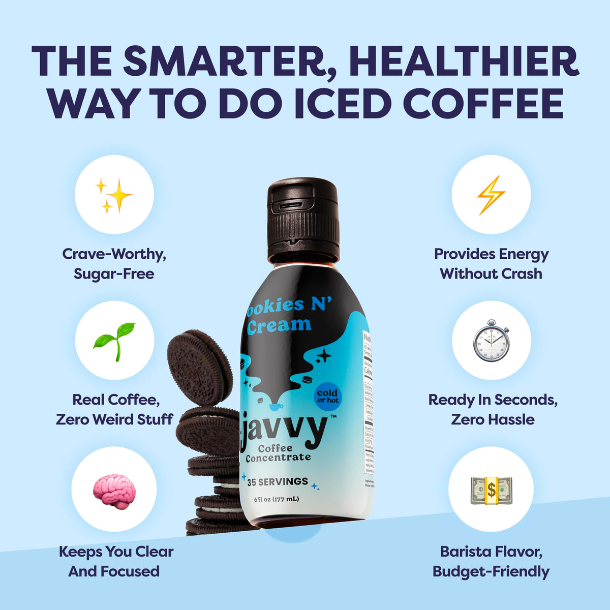 Iced Javvy Cookies N’ Cream concentrate creating a refreshing coffee beverage.