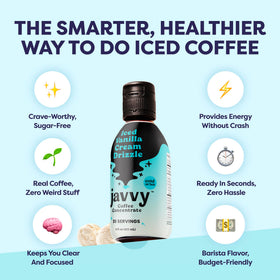 Javvy coffee concentrate cup with steam highlights convenient hot beverage option.