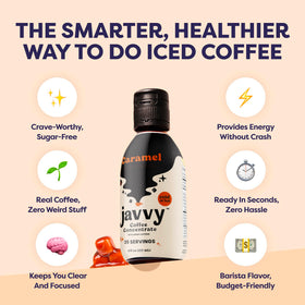 Front view of Javvy concentrate bottle emphasizing convenient daily caffeine