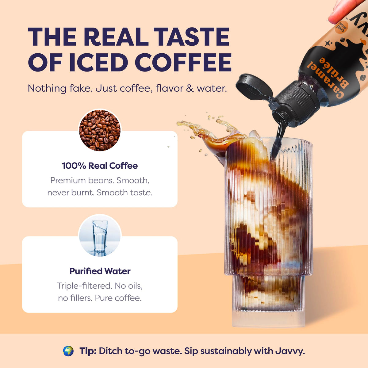 Glass of iced coffee made with Javvy Caramel Brulee concentrate
