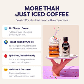 Javvy concentrate with measuring spoon emphasizes 60mg caffeine per teaspoon.
