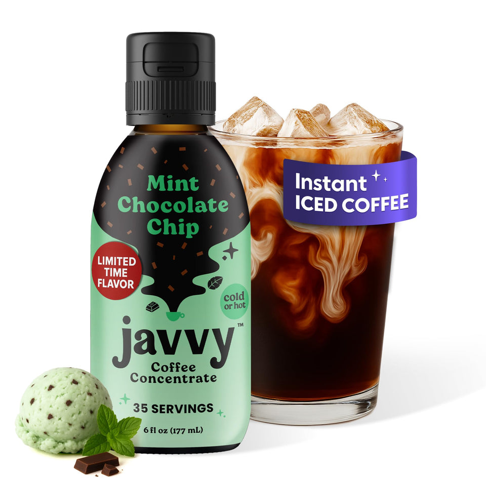 Javvy Mint Chocolate Chip coffee concentrate bottle ready for easy cold brew
