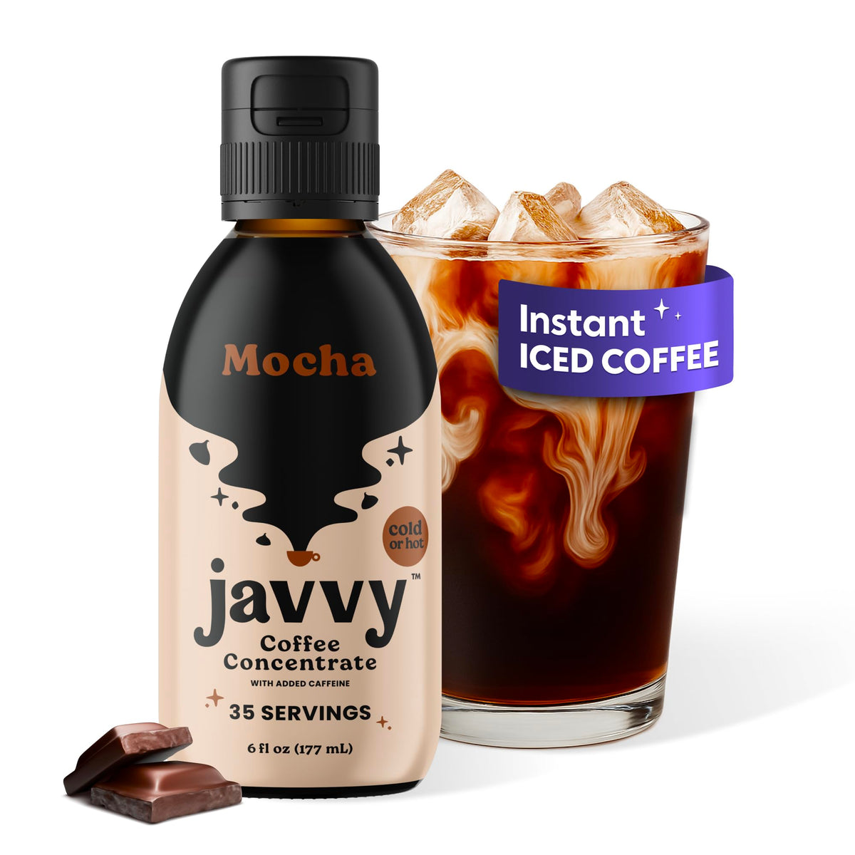Javvy Coffee Concentrate Mocha bottle with premium packaging for rich at-home coffee.